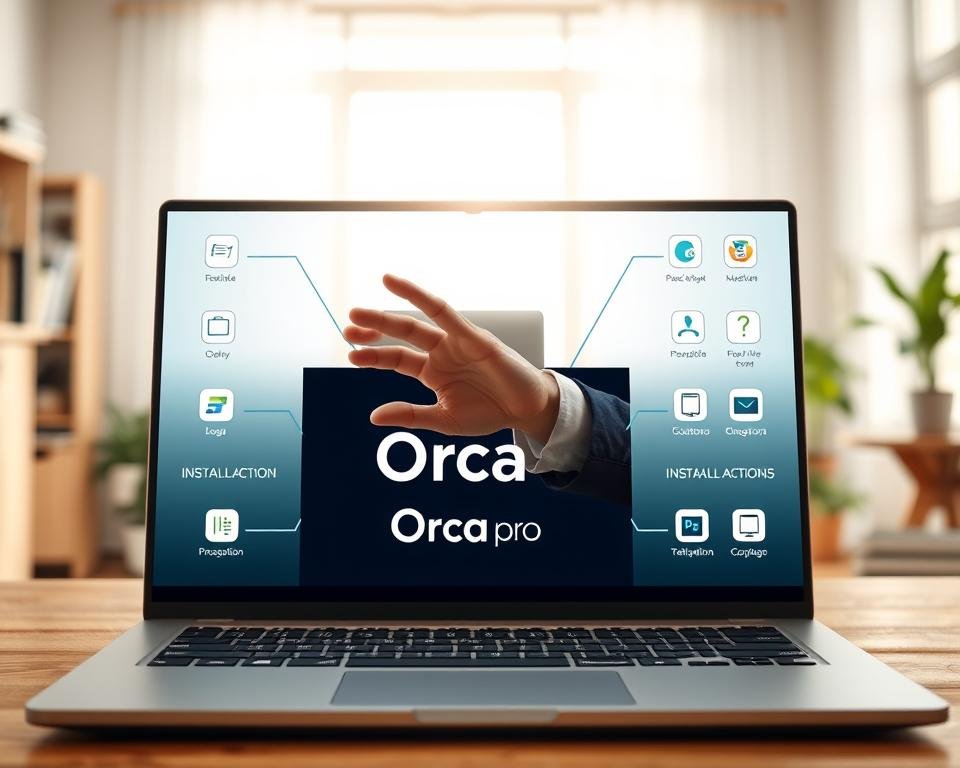 A detailed step-by-step installation guide for the Orca Pro application, illustrated with a clean and organized layout. In the foreground, a modern laptop with the Orca Pro logo displayed on the screen, surrounded by various app icons representing different stages of installation. In the middle ground, a hand gestures towards the screen, demonstrating installation steps in action, dressed in professional attire. The background features a bright, well-lit home office space with soft natural sunlight filtering through a window, highlighting an inviting and productive atmosphere. The image should have a soft-focus depth of field, with a warm color palette that conveys a sense of clarity and ease, inviting viewers to engage with the installation process.