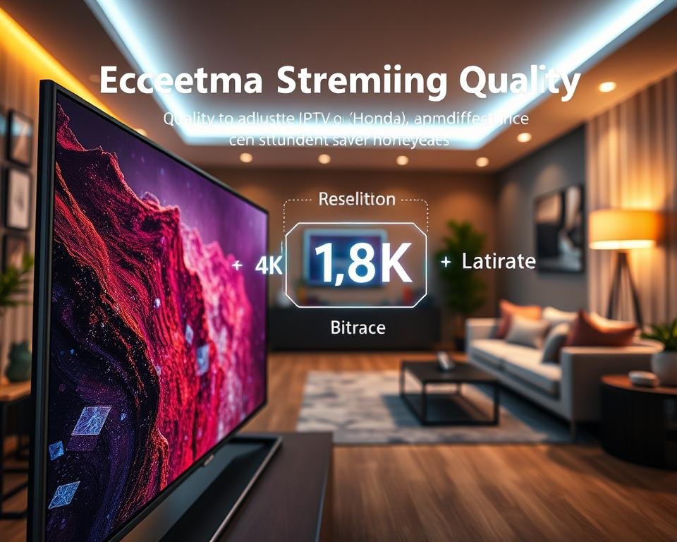 A high-tech digital landscape showcasing exceptional streaming quality features. In the foreground, a sleek modern television displays a vibrant image with stunning clarity, showcasing pixels and intricate details. In the middle, floating holographic icons represent technical specifications such as resolution (4K, 8K), bitrate, and latency, illuminated by soft neon lighting. In the background, a cozy living room setting with a stylish sofa and decorative elements like smart home devices enhances the atmosphere of advanced technology. The lighting is warm and inviting, creating an atmosphere of comfort and innovation, capturing the essence of superior IPTV service. The angle should be slightly elevated, focusing on the dynamic interplay of technology and home entertainment in a contemporary setting.