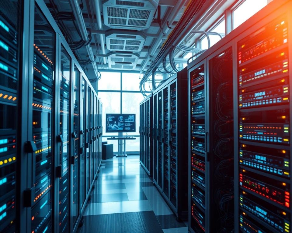 A high-tech server room filled with advanced infrastructure techniques for IPTV services. In the foreground, sleek server racks with blinking LED lights and intricate cabling create a dynamic focal point. The middle ground features a digital control panel displaying user-friendly interfaces, emphasizing advanced technical features. In the background, large windows allow soft, natural light to filter in, highlighting the modern design of the facility. The atmosphere is professional and innovative, with a cool color palette of blues and grays, conveying a sense of cutting-edge technology. Capture the shot with a wide-angle lens to showcase the depth of the room and emphasize the complexity of the server integration.