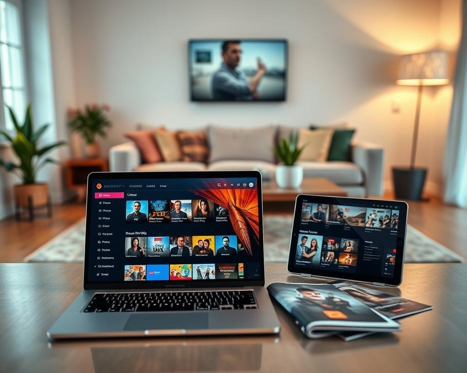 A modern and inviting digital workspace, showcasing several subscription plans for Orca IPTV. In the foreground, a sleek laptop is open, displaying a visually appealing interface with streaming options, icons, and a user-friendly design. Beside the laptop, a tablet shows vibrant visuals of popular TV shows and movies. In the middle ground, a stylish coffee table holds brochures featuring subscription details. The background features a cozy living room setting with soft lighting, fresh indoor plants, and a comfortable couch that suggests relaxation while streaming. Use warm tones to create an inviting atmosphere, capturing the essence of home entertainment. The scene is framed with a slightly blurred effect to emphasize the foreground elements, providing depth and focus.