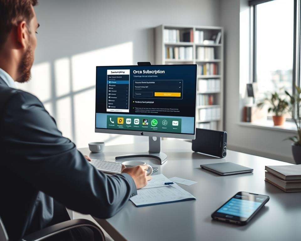 A modern and sleek workspace featuring a computer displaying the Orca IPTV subscription process. In the foreground, a person is seated at the desk, dressed in professional business attire, focused on the screen where the streaming subscription interface is visible. The middle ground includes a coffee cup, some subscription-related documents, and a smartphone with an app open, symbolizing convenience. The background showcases a well-lit office with a bookshelf filled with technology-related books and a large window letting in natural light, casting soft shadows. The overall atmosphere is one of professionalism and clarity, evoking a sense of easy navigation and user-friendliness in online subscription services. A modern and sleek workspace featuring a computer displaying the Orca IPTV subscription process. In the foreground, a person is seated at the desk, dressed in professional business attire, focused on the screen where the streaming subscription interface is visible. The middle ground includes a coffee cup, some subscription-related documents, and a smartphone with an app open, symbolizing convenience. The background showcases a well-lit office with a bookshelf filled with technology-related books and a large window letting in natural light, casting soft shadows. The overall atmosphere is one of professionalism and clarity, evoking a sense of easy navigation and user-friendliness in online subscription services.