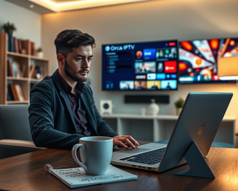 A modern home office scene depicting the process of subscribing to an IPTV service. In the foreground, a professional looking at a laptop screen, dressed in smart casual attire, with a focused expression while navigating the subscription page of Orca IPTV. In the middle, a coffee cup and notepad with scribbled notes about channel preferences, symbolizing planning and excitement. The background features soft ambient lighting, a bookshelf with tech magazines, and a wall-mounted TV showing a vibrant image of various channels. The atmosphere is conducive to productivity and technology, with a warm, inviting glow creating a sense of anticipation and comfort in the subscription journey. Focus on clarity and depth in every layer, with a slight depth of field emphasizing the subject.