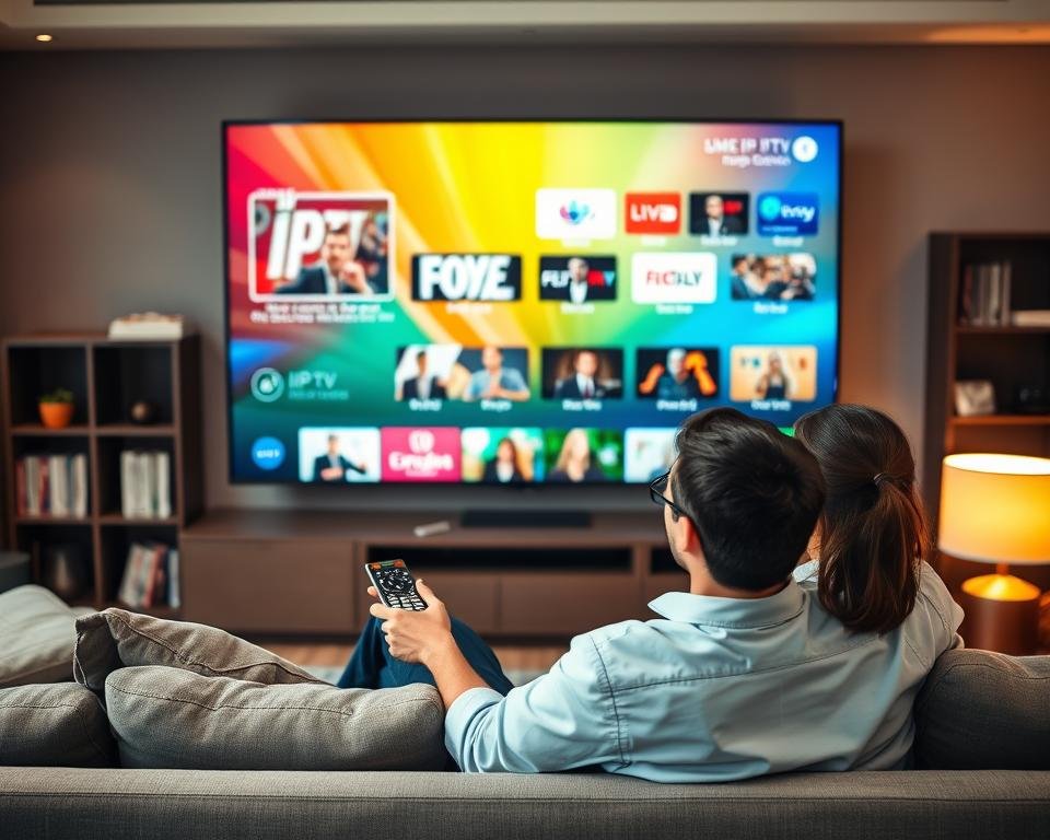 A modern living room setting, featuring a sleek, large-screen television displaying a vibrant streaming interface, showcasing various IPTV channels with a focus on high-definition clarity. In the foreground, a young professional couple in smart casual attire sits comfortably on a stylish sofa, with expressions of enjoyment and engagement as they interact with the remote control. Soft, ambient lighting from stylish lamps creates a warm and inviting atmosphere. The background includes a cozy bookshelf and subtle decorative elements that add to the homey vibe. The camera angle is slightly elevated, capturing the entire scene while emphasizing the immersive experience of quality IPTV streaming.