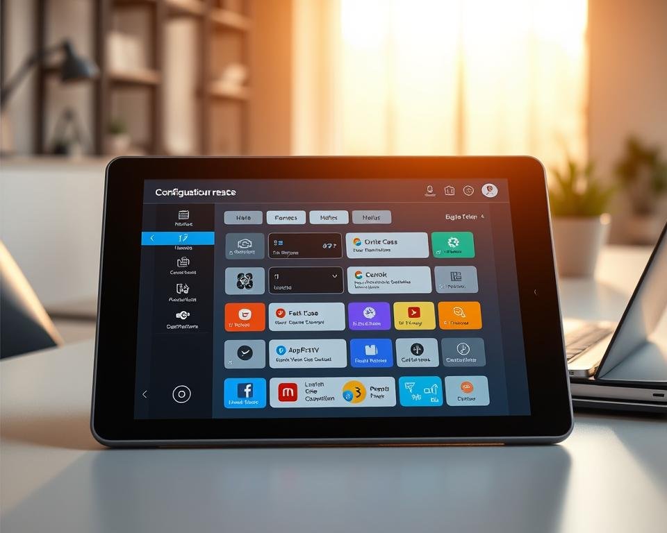 A modern, sleek configuration interface displayed on a high-resolution tablet screen, showcasing the Orca Pro Max application. In the foreground, focus on the vibrant user interface, illustrating intuitive navigation, colorful icons, and user-friendly features. The middle ground features a minimalistic workspace setting, including a clean desk with a laptop and notes, promoting a tech-savvy atmosphere. The background is softly blurred to emphasize the tablet while hinting at a well-lit, modern office environment with neutral tones. The lighting is warm and inviting, highlighting the interface's clarity and usability. Capture a professional mood, suggesting efficiency and ease of use for configuring the Orca IPTV application.