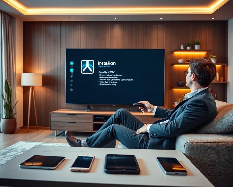 A modern, sleek living room setting highlighting the process of installing an IPTV application on a large flat-screen TV. In the foreground, a professional-looking person in business casual attire is seated comfortably on a stylish couch, holding a remote control, with an installation interface displayed on the screen. In the middle ground, various smart devices like a smartphone and tablet are placed on a coffee table, showcasing compatibility with the IPTV application. The background features warm, ambient lighting with softly illuminated decorative elements like plants and shelves. The overall atmosphere is inviting and tech-savvy, reflecting a seamless installation experience. The angle captures both the person and the screen prominently, suggesting ease of use and accessibility.