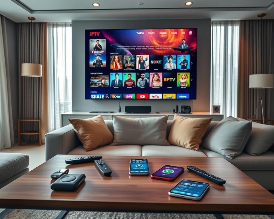 A modern, sleek living room with a large flat-screen TV showcasing an IPTV streaming interface, featuring vibrant thumbnails of popular movies and series. The foreground includes a stylish coffee table cluttered with a few remote controls and a smartphone displaying WhatsApp. In the middle, a comfortable sofa faces the TV, adorned with plush cushions. Soft lighting creates a warm, inviting atmosphere, while natural light streams in through large windows with sheer curtains. The background hints at a minimalist design with tasteful decor, giving a sense of sophistication. The overall mood is cozy and contemporary, reflecting the concept of subscription options for streaming services. The composition should convey a sense of entertainment and technology without any text or personal identifiers.