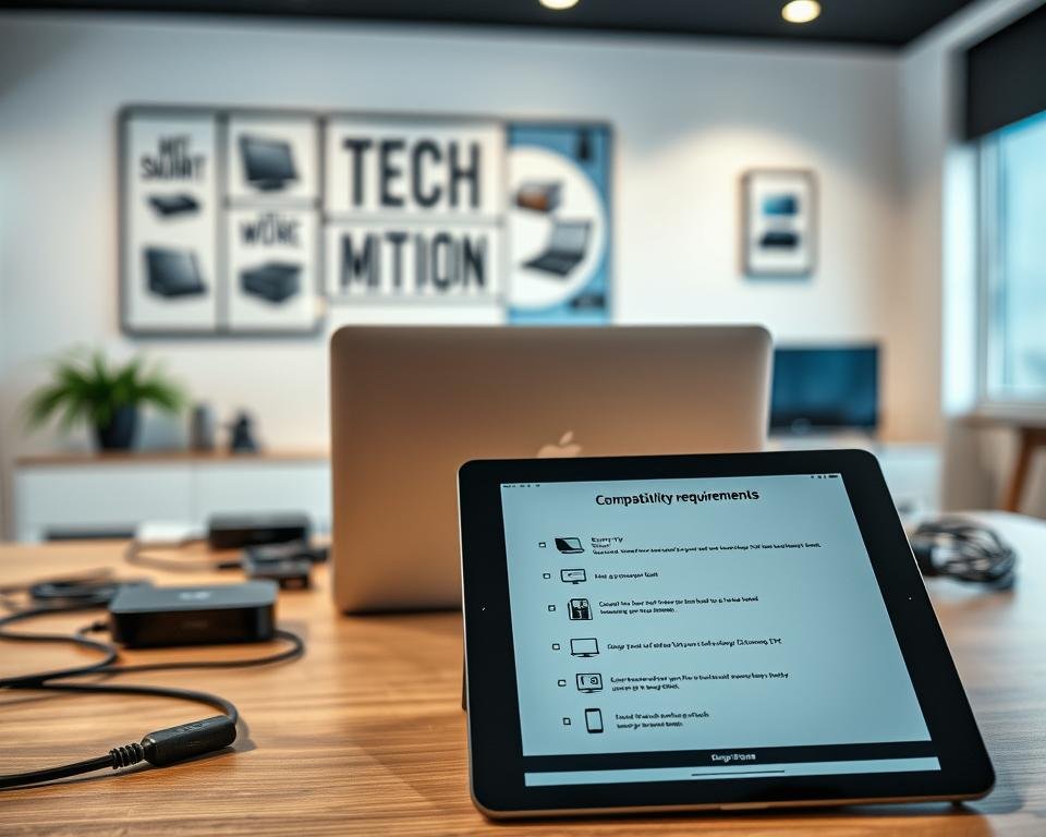 A modern workspace focused on technology and compatibility for device installation. In the foreground, a high-resolution tablet displays a detailed checklist labeled "Compatibility Requirements," with icons representing various devices like smartphones, smart TVs, and streaming boxes. The middle layer features a sleek laptop open to a technical guide, surrounded by cables and adapters neatly organized. The background shows a soft-focus wall with motivational tech-related artwork and a well-lit environment, creating a productive atmosphere. The lighting is bright, natural, and evenly distributed, enhancing clarity. The image conveys a professional and informative mood, suitable for tech enthusiasts preparing for installation.