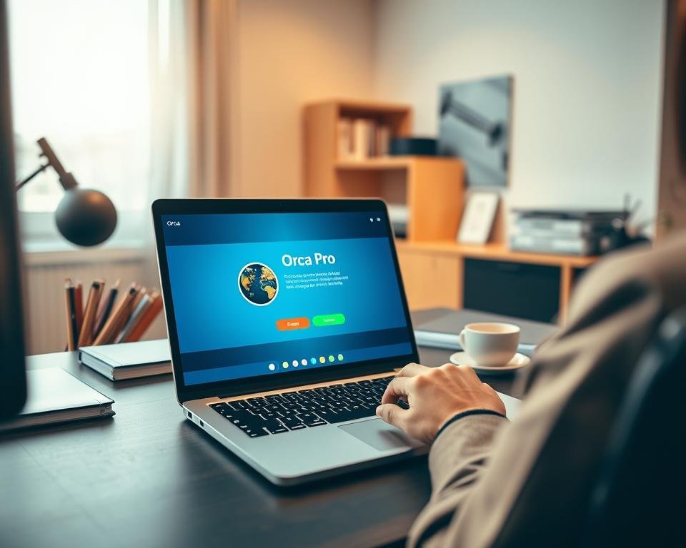 A modern workspace showcasing the "Installation application Orca Pro" interface on a sleek computer screen. In the foreground, a well-organized desk holds a laptop displaying the Orca Pro installation application. A pair of hands, dressed in a business casual outfit, navigates the application, with focus on the colorful, user-friendly interface featuring buttons and progress indicators. The middle layer includes office essentials like notebooks and a coffee cup, creating a relatable, productive environment. The background features a softly lit room with a window allowing natural light, enhancing the atmosphere of concentration and professionalism. The scene captures a blend of technology and human engagement, evoking a sense of achievement in the activation process of Orca IPTV. The lighting is warm and inviting, with a shallow depth of field that softly blurs the background details.