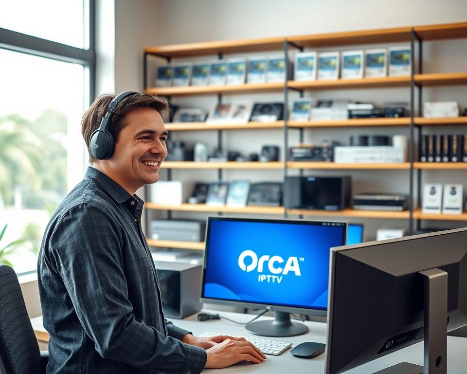 A professional and welcoming support environment for Orca IPTV, featuring a well-organized tech support desk with a sleek computer setup displaying the Orca IPTV interface. In the foreground, a friendly support technician, dressed in smart casual attire, interacts with a customer, offering assistance with a bright smile. The middle ground showcases shelves filled with tech gadgets and manuals related to streaming services. In the background, a large window allows natural light to flood the room, creating a warm and inviting atmosphere. The lighting is soft and even, highlighting the technician's professionalism and approachability. The overall mood is one of helpfulness and expertise, perfect for illustrating technical support for IPTV services.