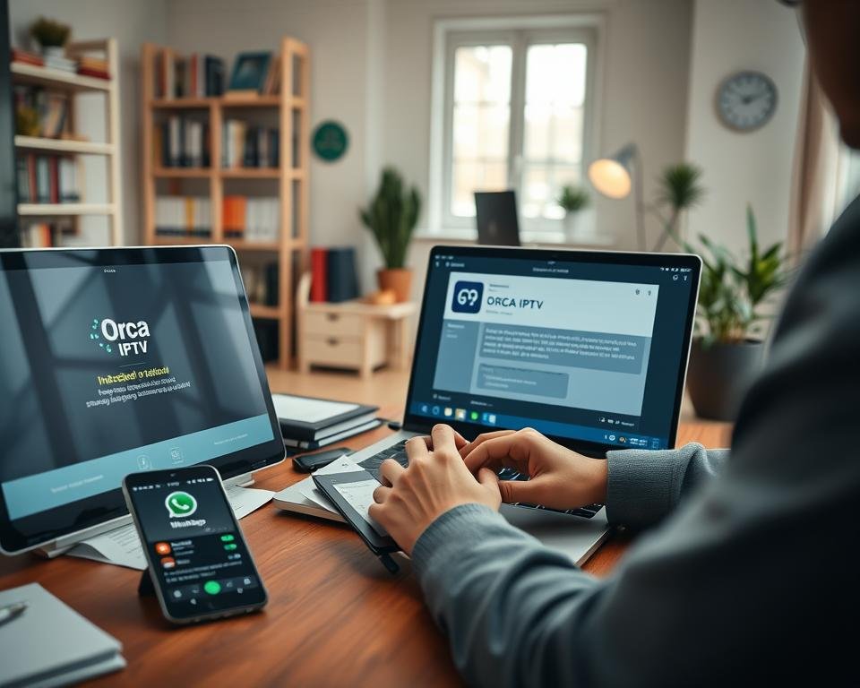 A professional workspace focused on the process of installing an application for streaming services. In the foreground, a well-organized desk featuring a modern laptop with the Orca IPTV application open on the screen, surrounded by technical documentation and a smartphone displaying a WhatsApp chat for communication. The middle layer includes a person's hands in professional attire, typing instructions into the laptop, showing engagement in the setup process. The background features a soft-focus view of a bright, cozy office with shelves of tech books and a potted plant, creating an inviting atmosphere. Soft, natural lighting illuminates the scene, emphasizing clarity and professionalism, captured from a slightly elevated angle to highlight the workflow. A professional workspace focused on the process of installing an application for streaming services. In the foreground, a well-organized desk featuring a modern laptop with the Orca IPTV application open on the screen, surrounded by technical documentation and a smartphone displaying a WhatsApp chat for communication. The middle layer includes a person's hands in professional attire, typing instructions into the laptop, showing engagement in the setup process. The background features a soft-focus view of a bright, cozy office with shelves of tech books and a potted plant, creating an inviting atmosphere. Soft, natural lighting illuminates the scene, emphasizing clarity and professionalism, captured from a slightly elevated angle to highlight the workflow.