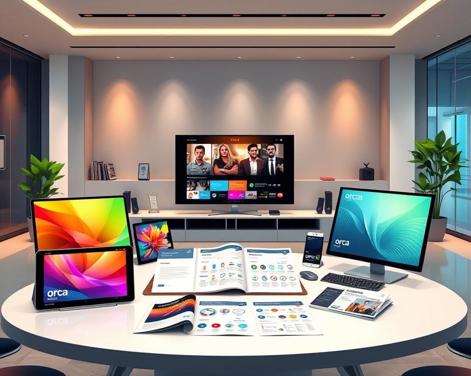 A refined illustration depicting the "Formules Orca Pro" IPTV plans, creatively arranged in a sleek, modern layout. In the foreground, showcase various colorful digital devices, such as tablets and smart TVs, displaying vibrant, user-friendly interfaces of the Orca IPTV service. In the middle, include an elegant table featuring digital marketing materials, such as elegantly designed brochures and infographics that highlight different service packages, all presented in a professional manner. In the background, a modern office environment with soft, ambient lighting enhances the atmosphere of professionalism and technology. Capture the scene from a slightly elevated angle to provide depth, ensuring that the mood is inviting and informative, perfect for illustrating the section on choosing IPTV codes. The image should be devoid of any text or branding. A refined illustration depicting the "Formules Orca Pro" IPTV plans, creatively arranged in a sleek, modern layout. In the foreground, showcase various colorful digital devices, such as tablets and smart TVs, displaying vibrant, user-friendly interfaces of the Orca IPTV service. In the middle, include an elegant table featuring digital marketing materials, such as elegantly designed brochures and infographics that highlight different service packages, all presented in a professional manner. In the background, a modern office environment with soft, ambient lighting enhances the atmosphere of professionalism and technology. Capture the scene from a slightly elevated angle to provide depth, ensuring that the mood is inviting and informative, perfect for illustrating the section on choosing IPTV codes. The image should be devoid of any text or branding.