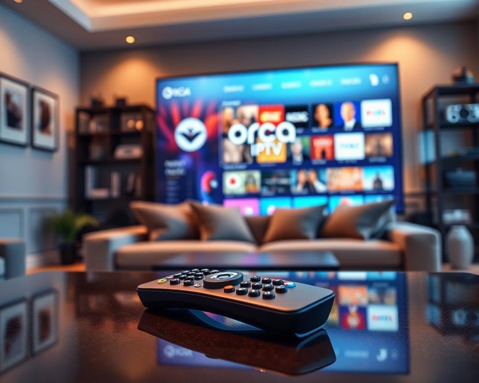 A sleek, modern IPTV interface displayed on a large, vibrant flat-screen television in a stylish living room. The foreground features a sleek remote control resting on a polished coffee table, with a glowing screen showcasing the Orca IPTV logo alongside vivid thumbnails of various channels. In the middle, a comfortable couch adorned with plush cushions sits invitingly, while soft ambient lighting creates a warm atmosphere. In the background, a well-decorated wall with subtle art pieces and a soft-focus view of a contemporary bookshelf filled with tech gadgets enhances the scene. The overall mood is dynamic yet relaxing, suggesting an enjoyable streaming experience. The image should have a high-resolution, cinematic feel with slight depth of field, capturing the essence of premium entertainment at home.
