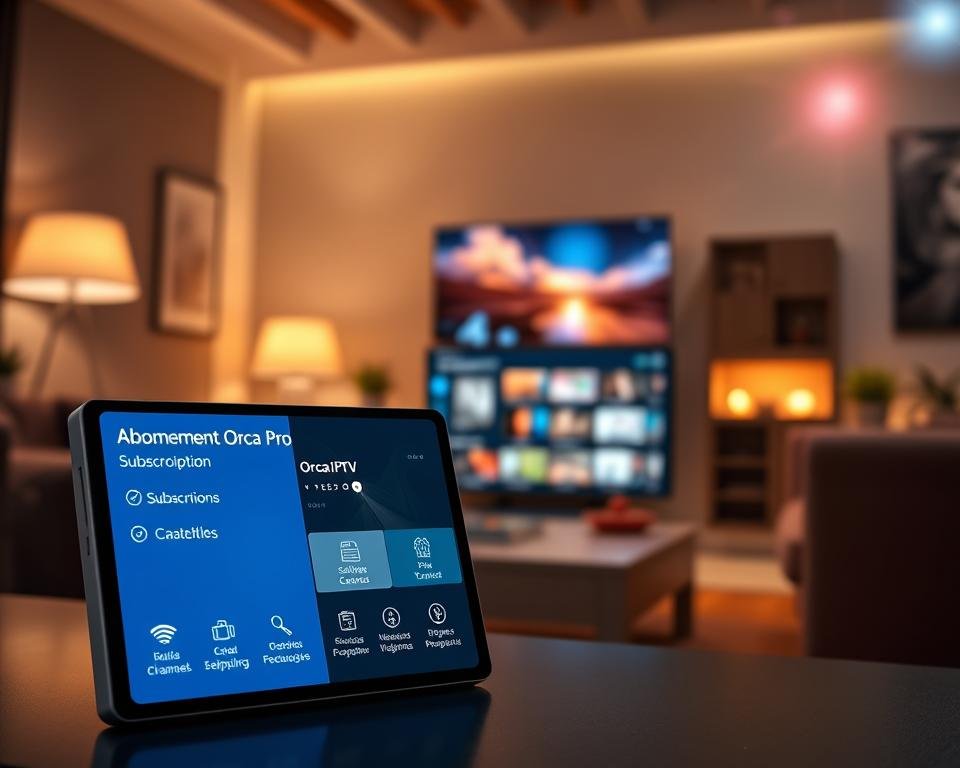 A sleek, modern digital interface representing an "Abonnement Orca Pro" subscription plan, prominently displayed in the foreground. The layout features user-friendly icons and options reflecting subscription choices, with a vibrant blue and white color scheme. In the middle ground, a stylish device, such as a tablet or streaming box, showcases the Orca IPTV channel listings. The background is softly blurred, incorporating elements like a home cinema setting or a cozy living room, enhancing the notion of compatibility with different devices. The lighting is bright and inviting, creating a tech-savvy yet approachable atmosphere, with a slight lens flare for a dynamic feel. The overall mood conveys professionalism and innovation in streaming services.