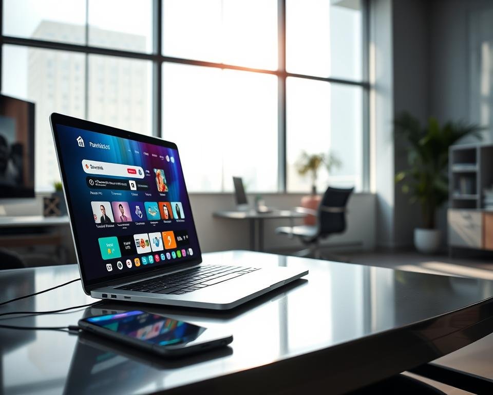 A sleek, modern workspace showcasing a high-tech streaming application compatibility interface. In the foreground, a polished desk featuring a laptop open to a vibrant streaming platform, displaying a colorful array of channels and user-friendly navigation options. Beside the laptop, a smartphone is displaying a messaging app with a contact number for support. In the middle ground, a stylish office chair and a potted plant are visible, adding a touch of greenery. The background features a large window with sunlight streaming in, casting soft shadows across the room, enhancing the atmosphere of innovation and connectivity. The entire scene is well-lit, with a bright and inviting mood that illustrates the technical functionalities of streaming applications. A sleek, modern workspace showcasing a high-tech streaming application compatibility interface. In the foreground, a polished desk featuring a laptop open to a vibrant streaming platform, displaying a colorful array of channels and user-friendly navigation options. Beside the laptop, a smartphone is displaying a messaging app with a contact number for support. In the middle ground, a stylish office chair and a potted plant are visible, adding a touch of greenery. The background features a large window with sunlight streaming in, casting soft shadows across the room, enhancing the atmosphere of innovation and connectivity. The entire scene is well-lit, with a bright and inviting mood that illustrates the technical functionalities of streaming applications.