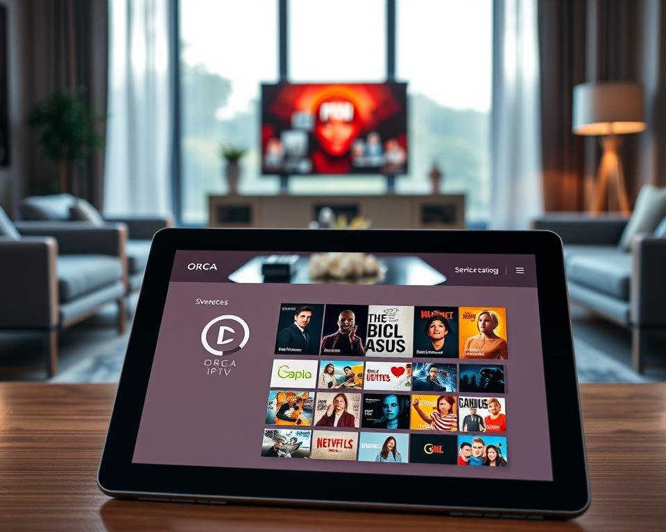 A vibrant and engaging image showcasing the Orca IPTV service catalog. In the foreground, a sleek tablet displays a colorful interface featuring various streaming options, highlighted by the Orca logo. The middle ground includes an elegant living room setting with a comfortable sofa and a stylish coffee table, subtly decorated with a remote control and popcorn, suggesting a cozy movie night. In the background, a large window allows soft, natural light to pour in, creating a warm atmosphere. The focus of the image should convey a sense of entertainment and satisfaction, illustrating the advantages of Orca IPTV. Aim for a clean, modern aesthetic with high-definition clarity, using a slight depth of field to emphasize the tablet while maintaining the ambiance of the room.