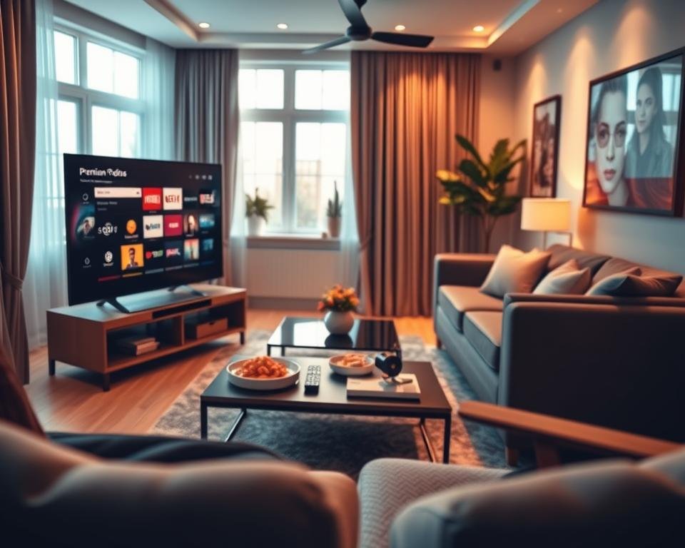 A vibrant, modern living room setting as the foreground, showcasing a sleek television displaying various streaming subscription icons, symbolizing premium content. In the middle ground, elegant furniture and stylish decor enhance the atmosphere, with soft, ambient lighting creating a warm and inviting feel. The background reveals a window with natural light filtering in, accentuating the peaceful environment. A small coffee table is adorned with remote controls and snacks, inviting viewers to enjoy their favorite shows. The angle is slightly tilted, emphasizing a cozy yet contemporary vibe. The overall mood is relaxed and enjoyable, reflecting the essence of premium streaming subscriptions for an exceptional TV experience.