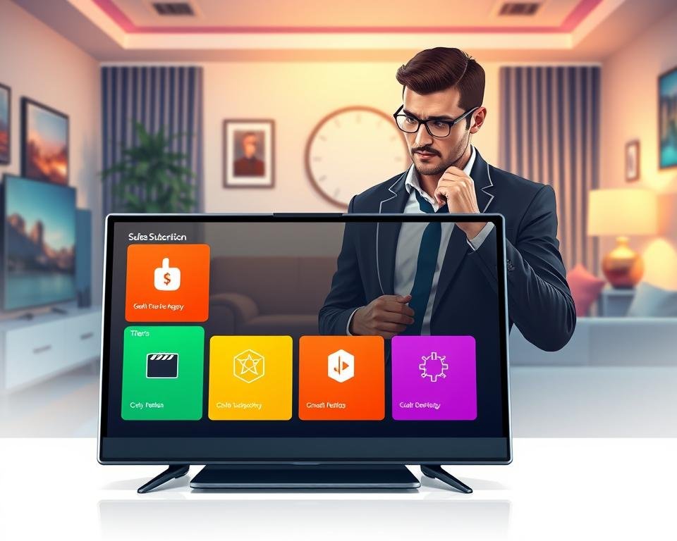 A visually engaging illustration depicting various streaming subscription plans for Orca IPTV. In the foreground, showcase a sleek, modern computer or tablet screen displaying vibrant icons representing different subscription tiers, each with distinct colors and symbols. The middle layer features a stylish, professional person (dressed in smart business attire) analyzing the screen with a thoughtful expression, conveying a sense of decision-making. In the background, create an inviting, softly lit living room setting with comfortable seating and home entertainment elements, alluding to a cozy viewing experience. The overall atmosphere should feel modern and approachable, with warm lighting that enhances a sense of engagement and excitement for discovering new content.