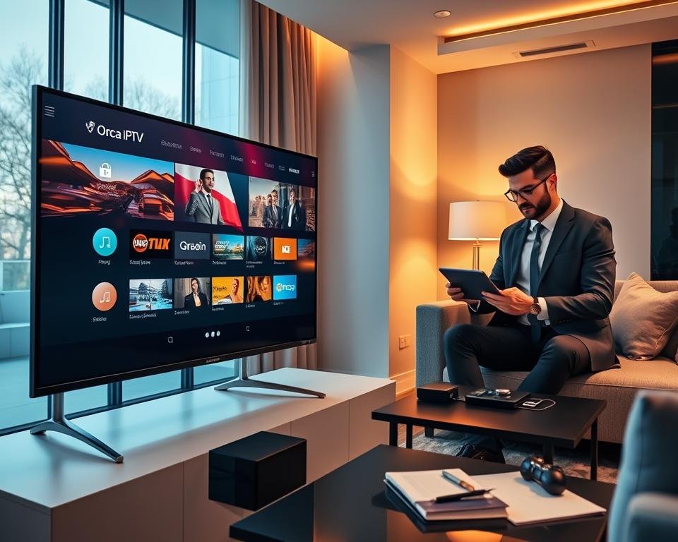 An elegant, modern workspace showcasing a high-tech IPTV setup. In the foreground, a sleek black television displays the Orca IPTV interface with vibrant colors and clear visuals, highlighting its user-friendly features. To the right, a stylishly dressed professional in business attire is interacting with a tablet, demonstrating the ease of use of the system. The middle ground features a contemporary sofa and a coffee table with tech gadgets and a notepad for jotting down ideas. The background is softly illuminated by warm, ambient lighting, with minimalistic decor that emphasizes a professional yet cozy atmosphere. Lens: 35mm, Angle: Eye-level, Mood: Inspirational and efficient. No text overlays or watermarks.